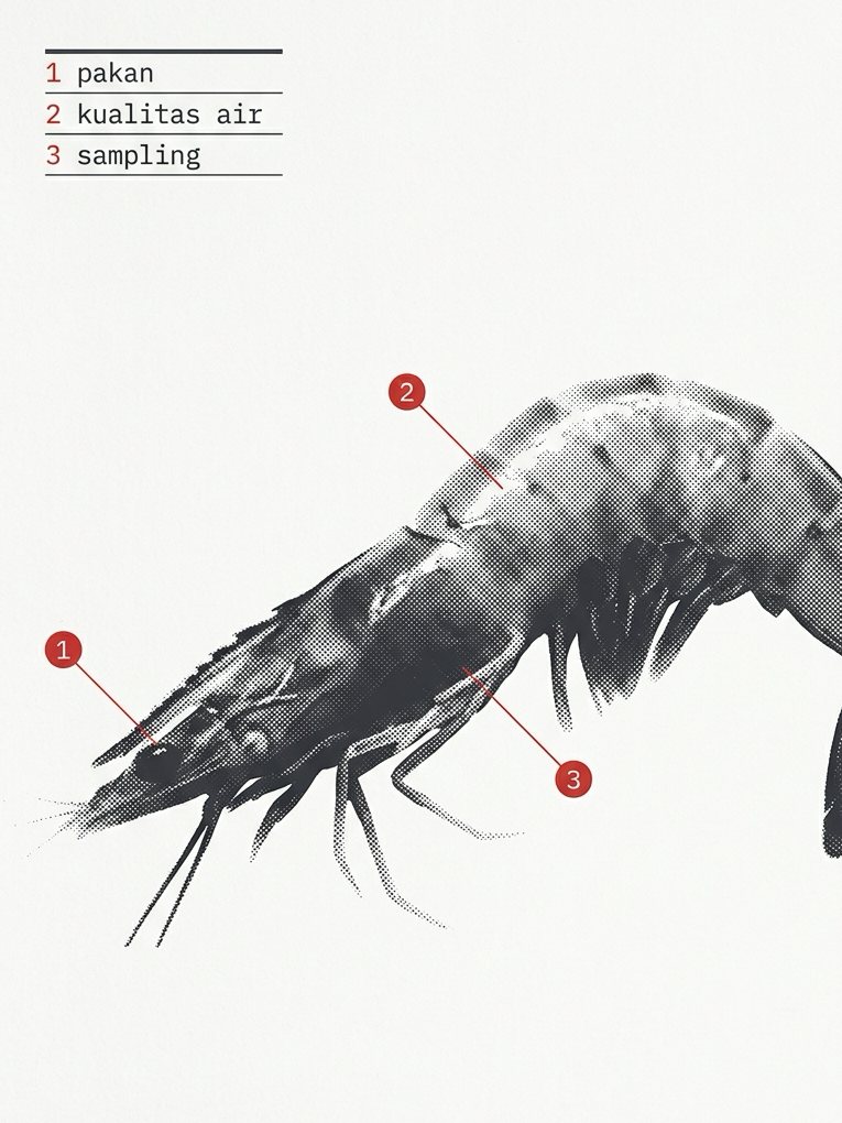 Spesimen udang vaname dicetak halftone dengan penanda pakan, kualitas air, dan sampling